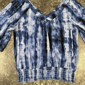 american rag cie Women's V Neck Smocked Waist Tie Dye 3/4 Sleeve Top‎ Sz L